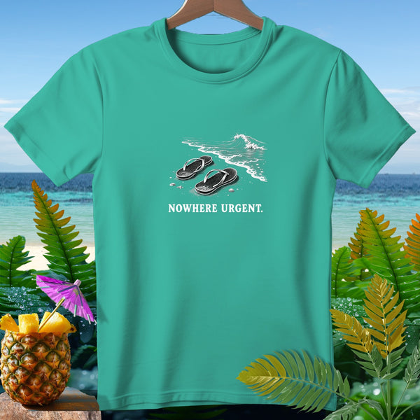 Turquoise t-shirt with flip-flops on a beach and the text NOWHERE URGENT.
