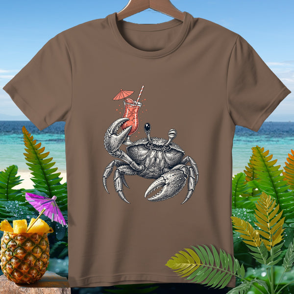 Crab holding a cocktail with a pineapple on a tropical beach background.