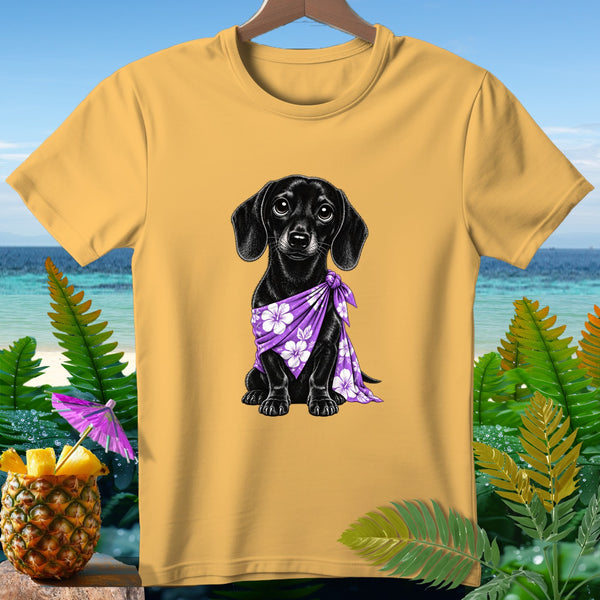 Yellow t-shirt with black dachshund wearing a purple floral bandana.