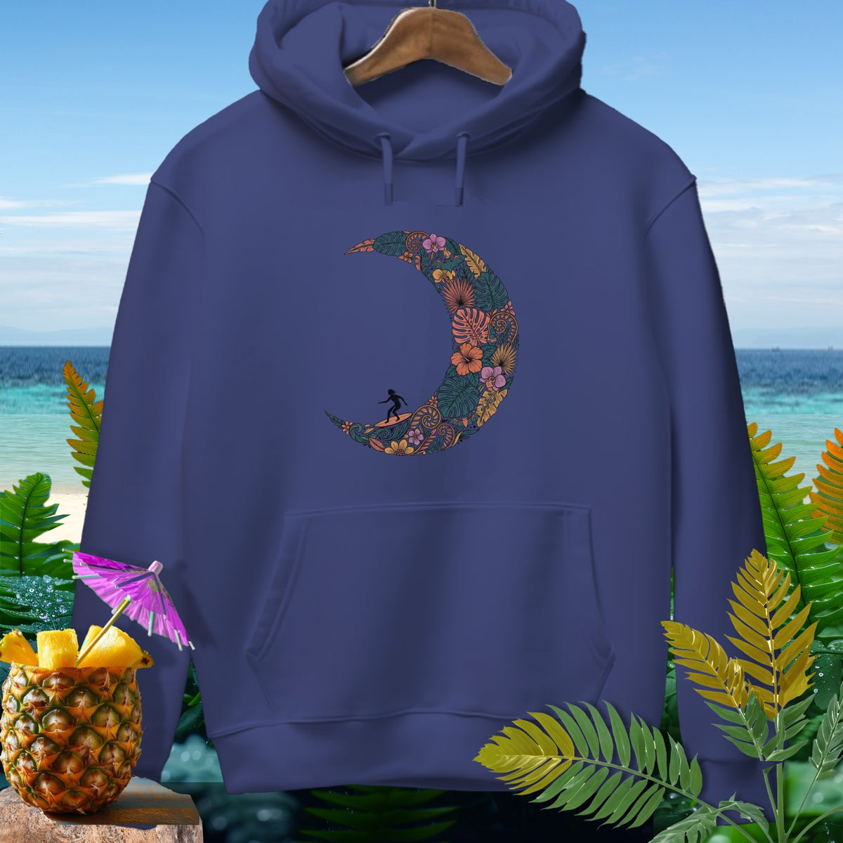 Navy hoodie with floral crescent moon graphic and surfer silhouette.