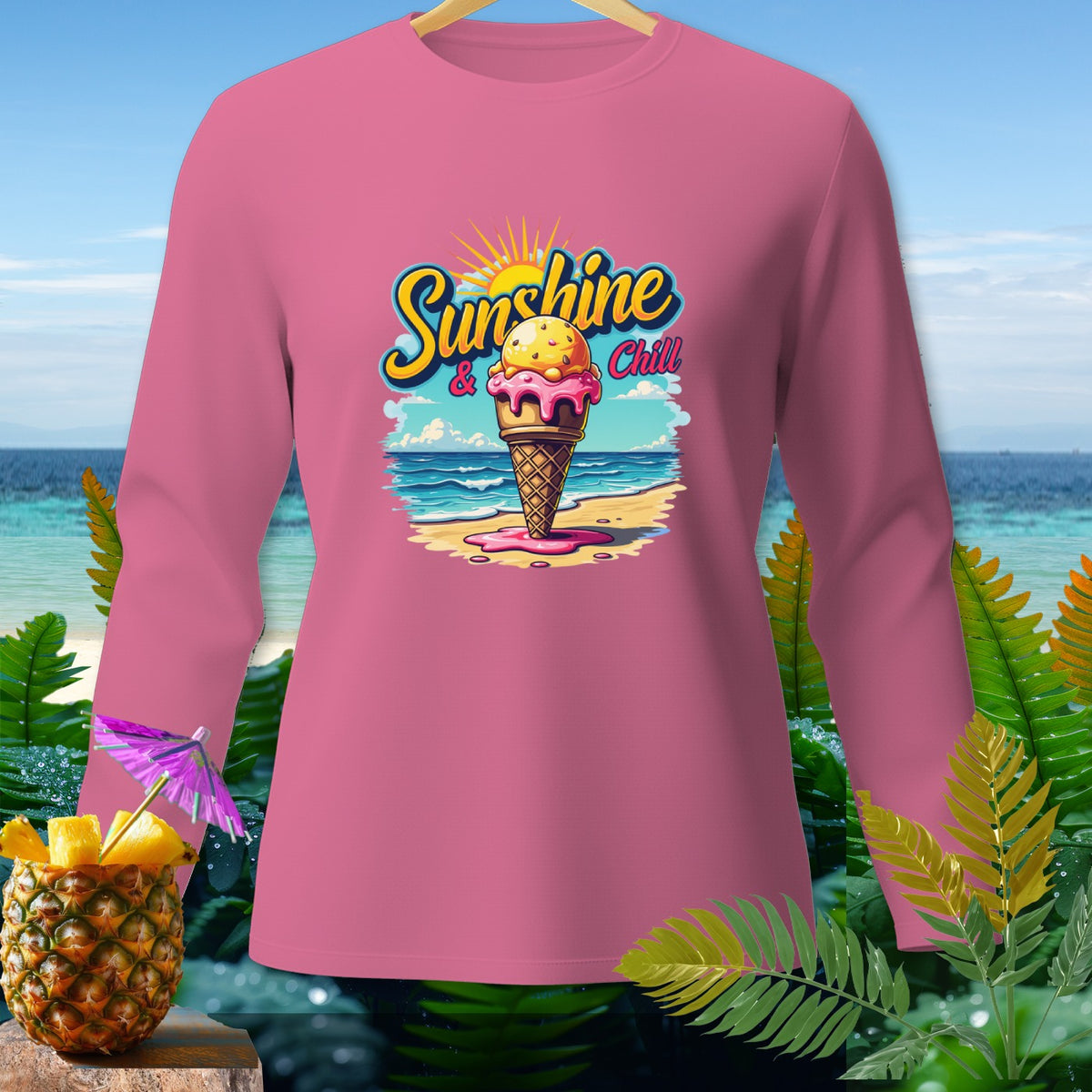Pink long-sleeve shirt with "Sunshine & Chill" ice cream beach graphic.