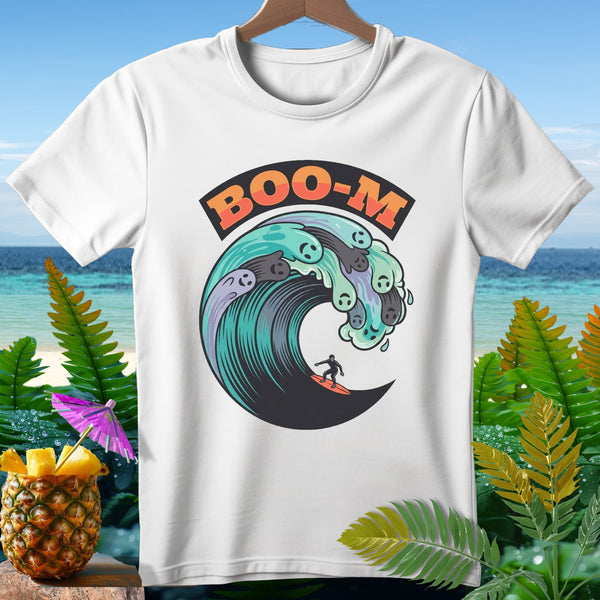 White t-shirt with "BOO-M" text and a surfer on a wave of ghosts.
