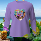 Long-sleeve purple t-shirt with a sloth wearing heart-shaped sunglasses.