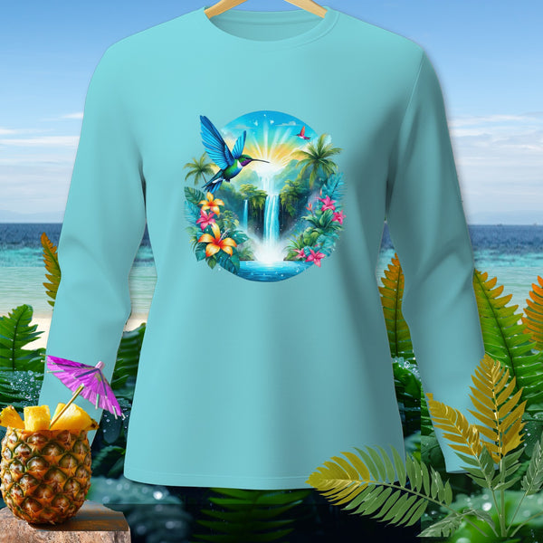 Light blue long-sleeve shirt with a tropical waterfall and hummingbird graphic.