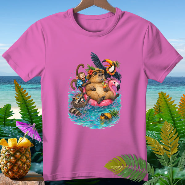 Pink t-shirt with capybara, raccoon, monkey, and toucan on a flamingo float.