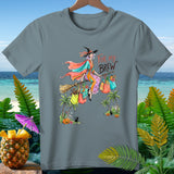 Graphic on gray t-shirt shows witch flying with shopping bags, text 
