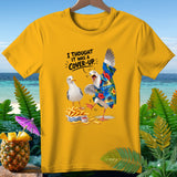 Yellow t-shirt with cartoon seagulls, french fries, and text saying 