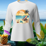 White long-sleeve shirt with a beach scene graphic and 