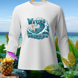 White long-sleeved shirt with a graphic reading 