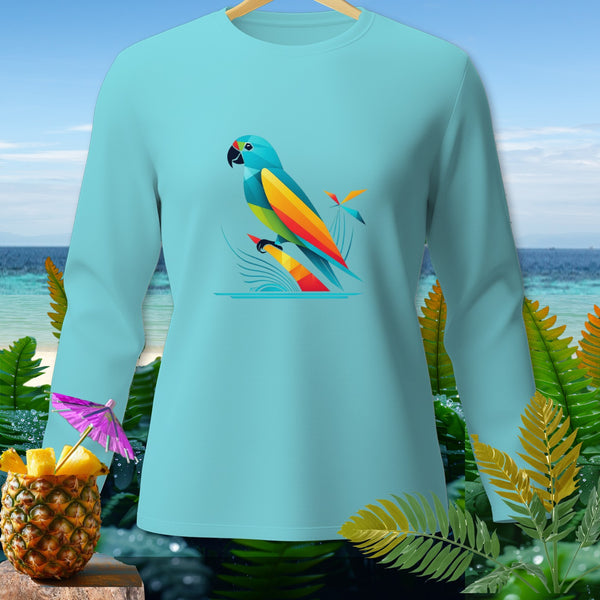 Light blue long-sleeve shirt with a colorful abstract parrot graphic.