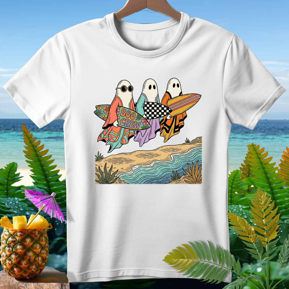 Three ghosts with surfboards on a beach scene with text "BOO CREW".