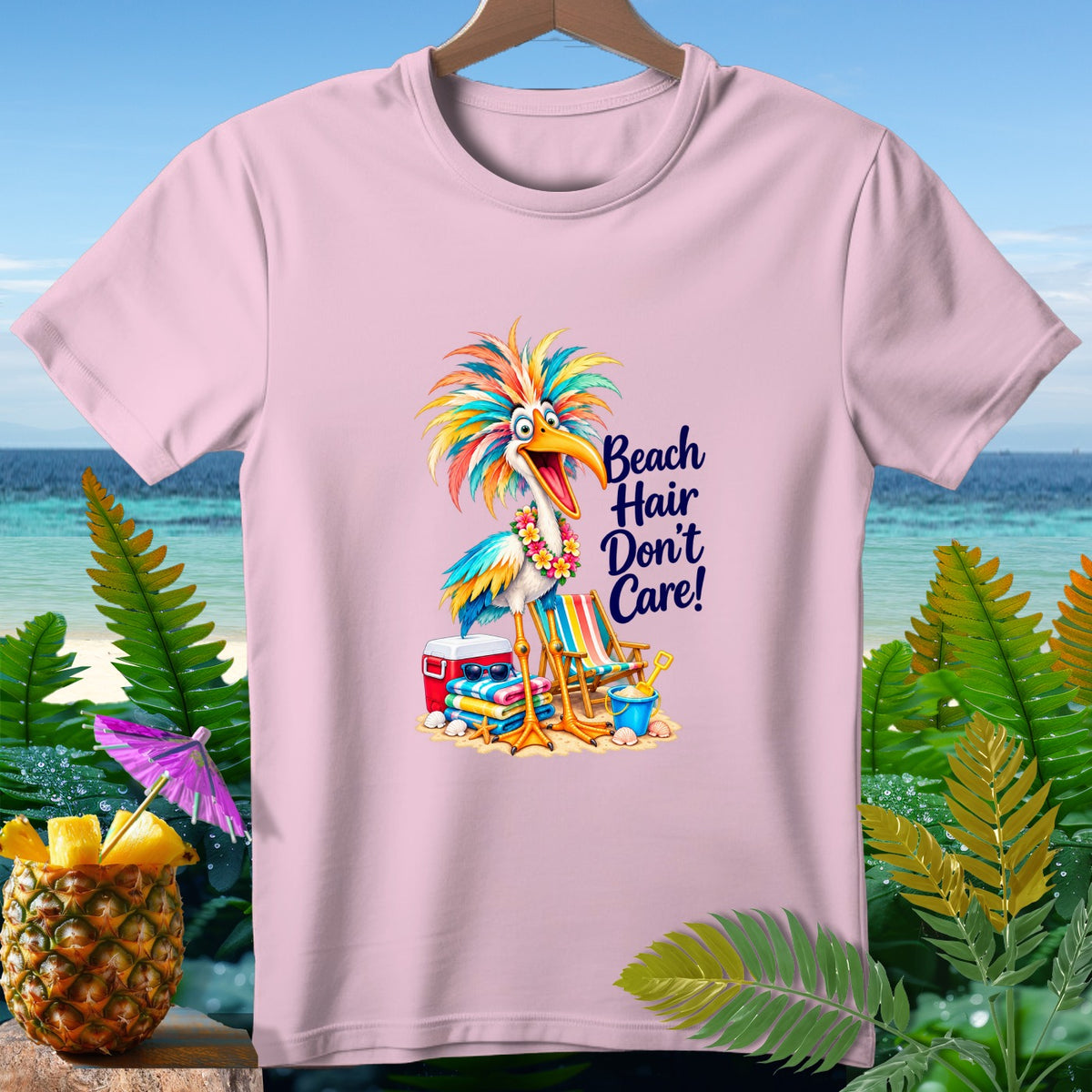 Pink t-shirt with cartoon bird and text "Beach Hair Don't Care!".