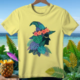 Yellow t-shirt with witch hat and tropical leaves design.