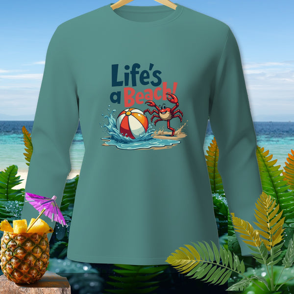 Teal long-sleeve shirt with "Life's a Beach!" graphic featuring a crab and beach ball.