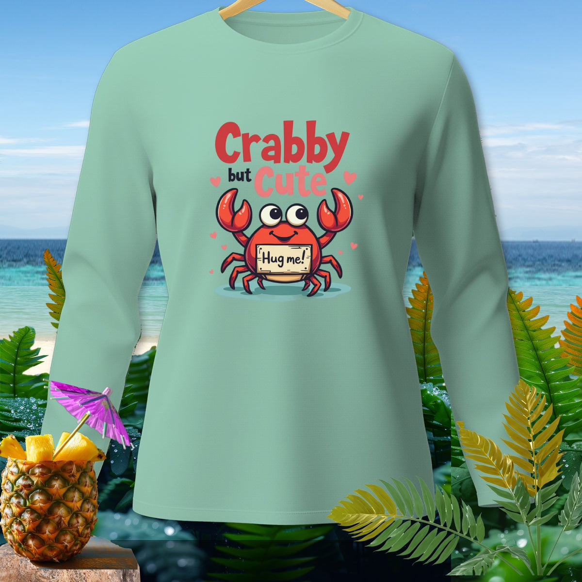 Long sleeve shirt with a crab graphic that says "Crabby but Cute" and "Hug me!".