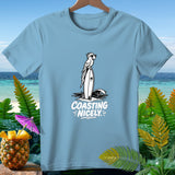 Light blue t-shirt with a parrot on a surfboard and the text 