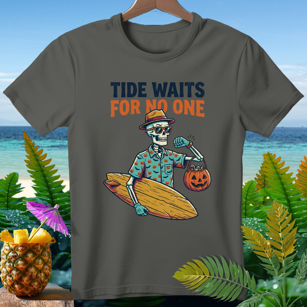 Skeleton in Hawaiian shirt holds surfboard and pumpkin basket, text "TIDE WAITS FOR NO ONE."