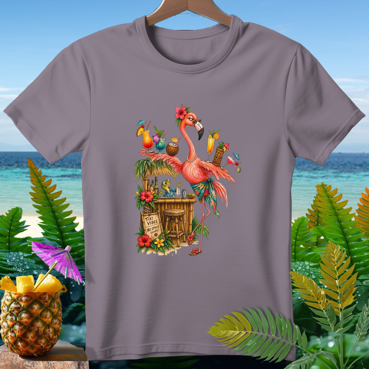 Flamingo at tiki bar with tropical drinks and "Tiki Vibes No Spills (usually)" sign.