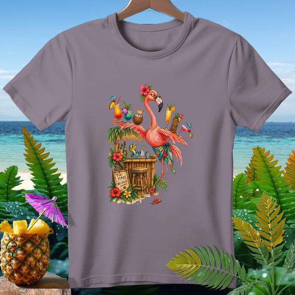 Flamingo at tiki bar with tropical drinks and "Tiki Vibes No Spills (usually)" sign.