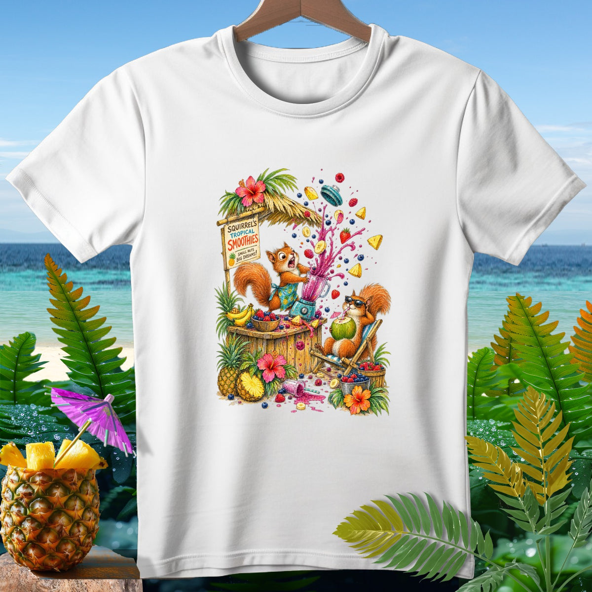 Two squirrels making smoothies at a tropical stand with fruit and a blender.