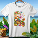 Two squirrels making smoothies at a tropical stand with fruit and a blender.