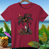 T-shirt with Halloween palm tree, pumpkins, bats, ghost, and crescent moon.