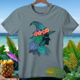Gray t-shirt with a tropical witch hat design featuring flowers and leaves.