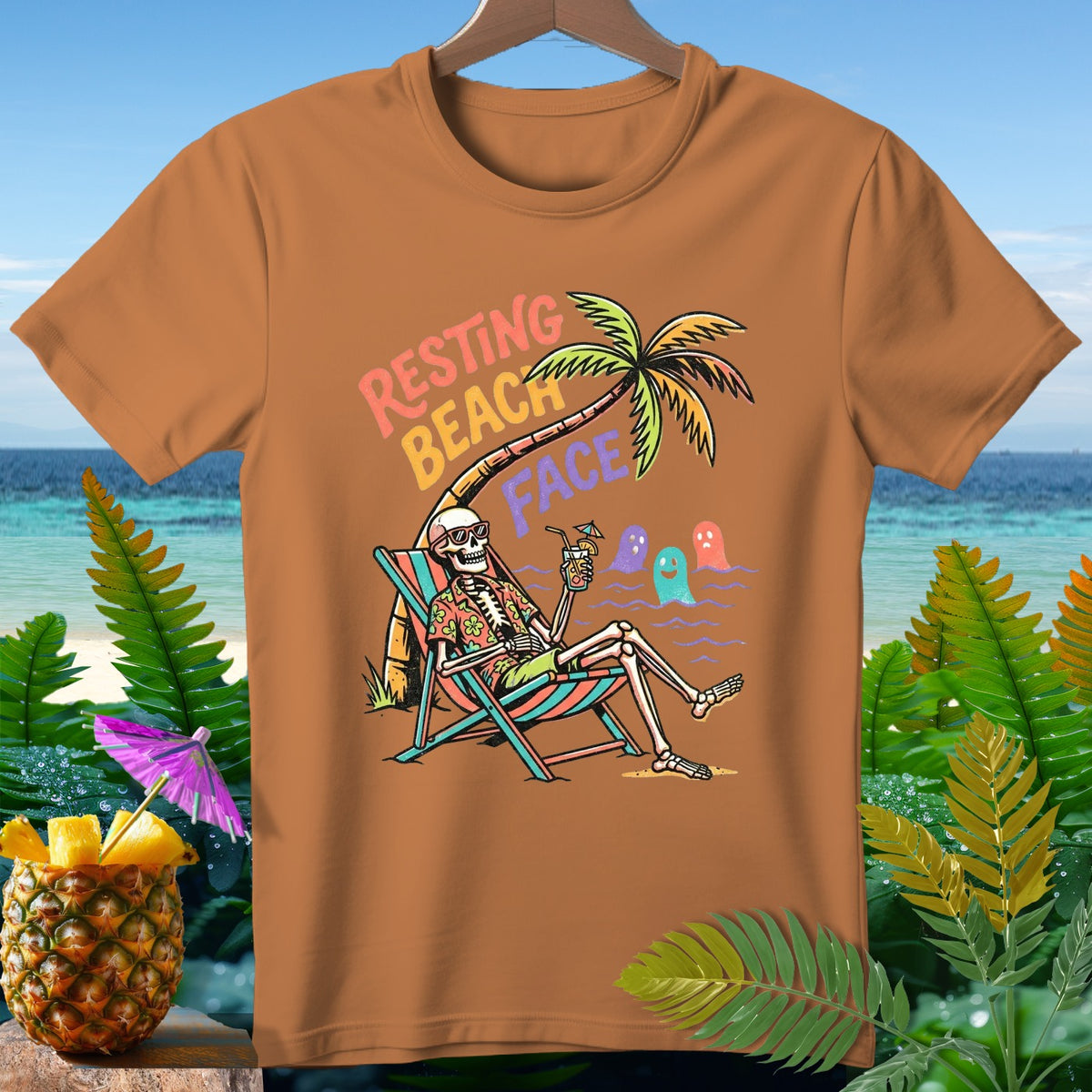 Skeleton lounging in a beach chair with "Resting Beach Face" text.