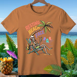 Skeleton lounging in a beach chair with 