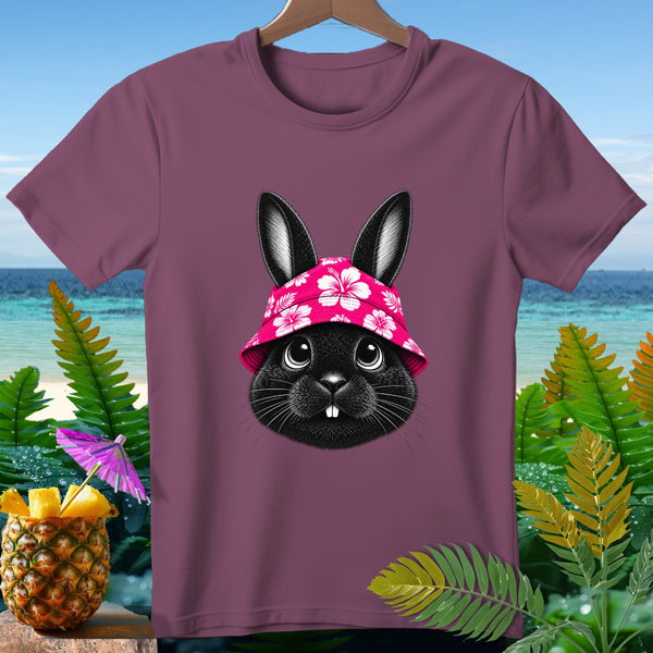 Black bunny wearing a pink floral bucket hat, featured on a plum t-shirt.