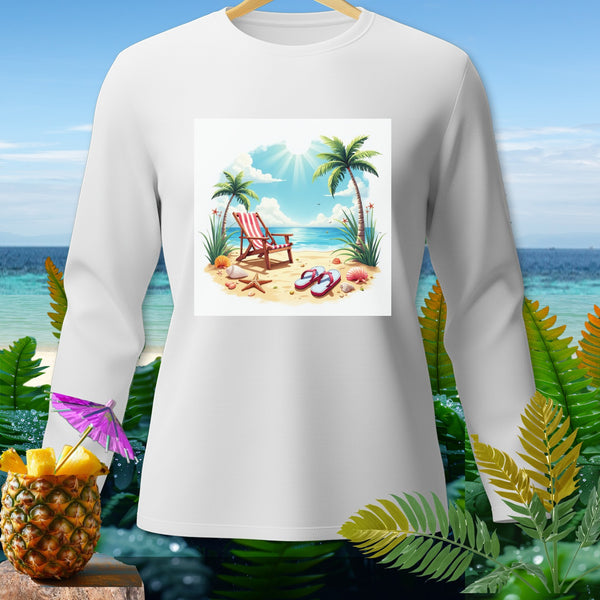 White long-sleeve shirt with a beach scene graphic on the front.
