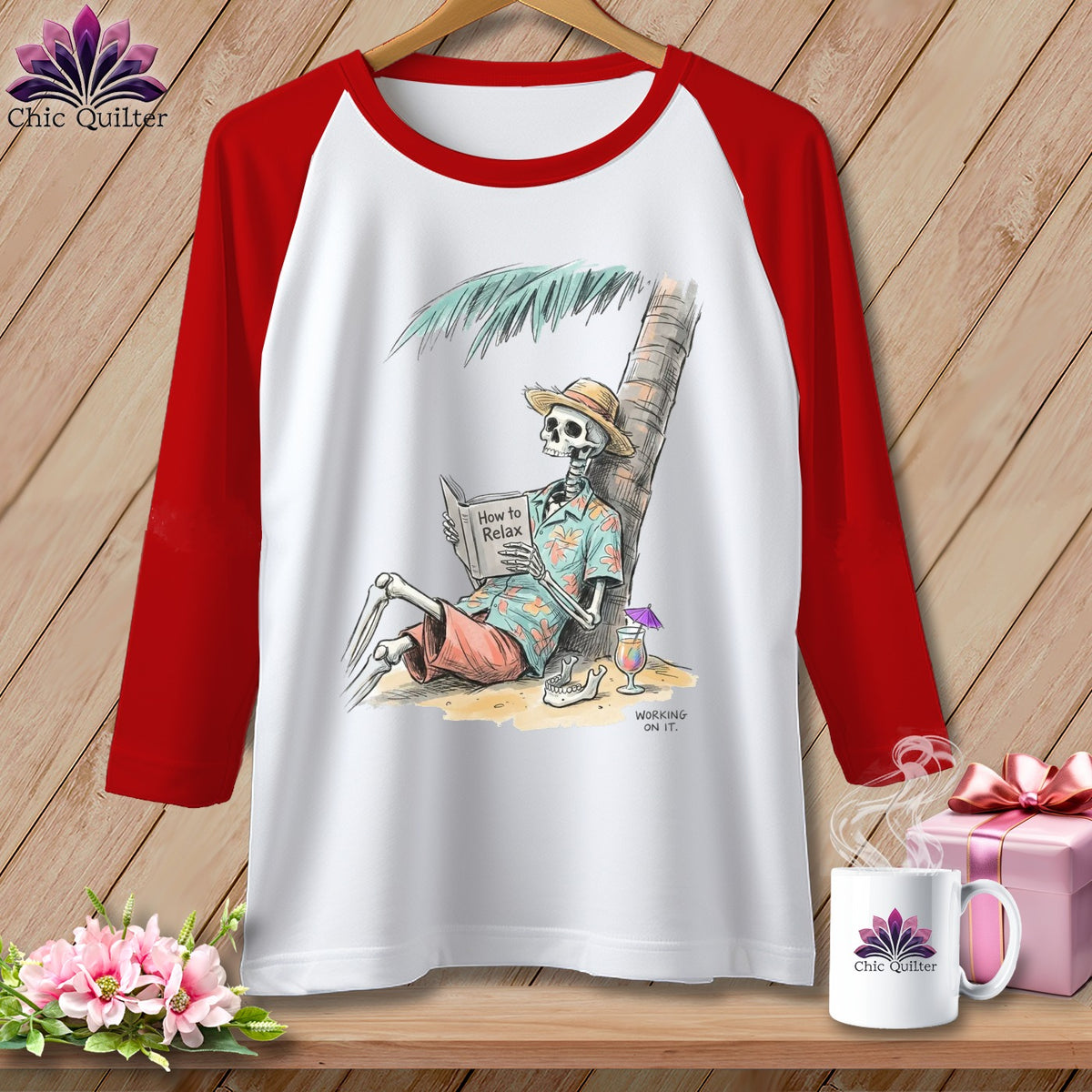 White raglan shirt with skeleton reading "How to Relax" by a palm tree.