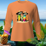 Orange long-sleeve shirt with cartoon iguanas holding surfboards on a beach.