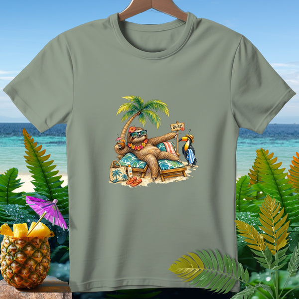 Sloth lounging on beach chair with toucan under palm tree, wearing sunglasses and flower lei.