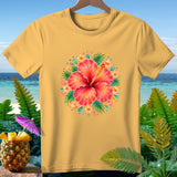 Yellow t-shirt with a central floral design of a red hibiscus and tropical foliage.