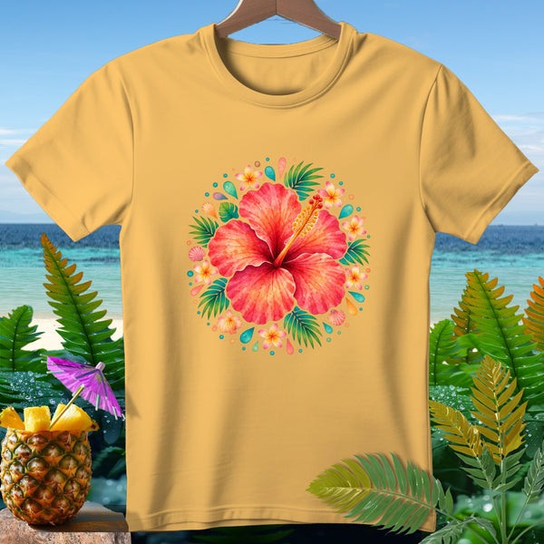 Yellow t-shirt with a central floral design of a red hibiscus and tropical foliage.
