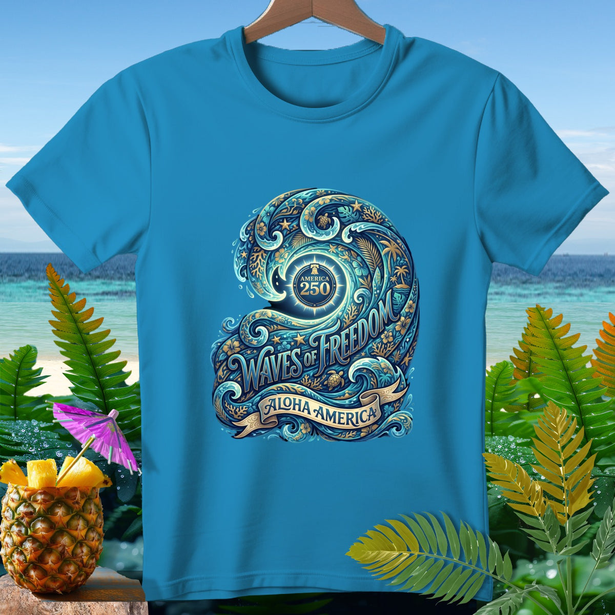 Blue t-shirt with a circular emblem featuring "America 250" and "Waves of Freedom Aloha America."