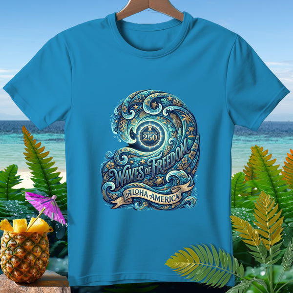 Blue t-shirt with a circular emblem featuring "America 250" and "Waves of Freedom Aloha America."