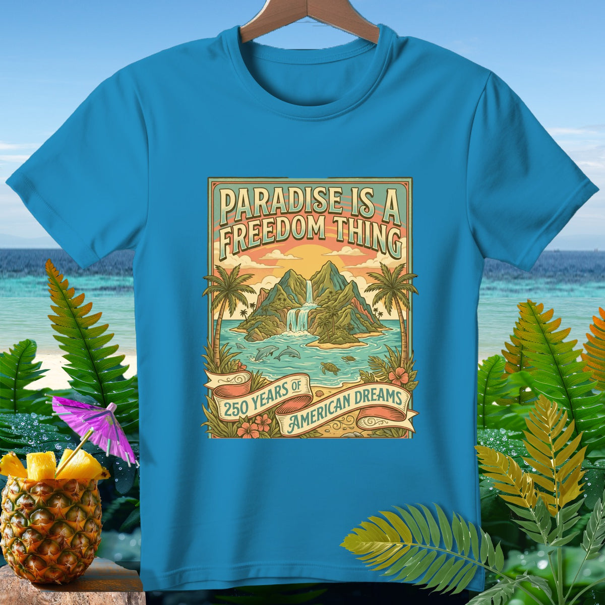 Blue t-shirt with "Paradise is a freedom thing" and "250 years of American dreams" text.