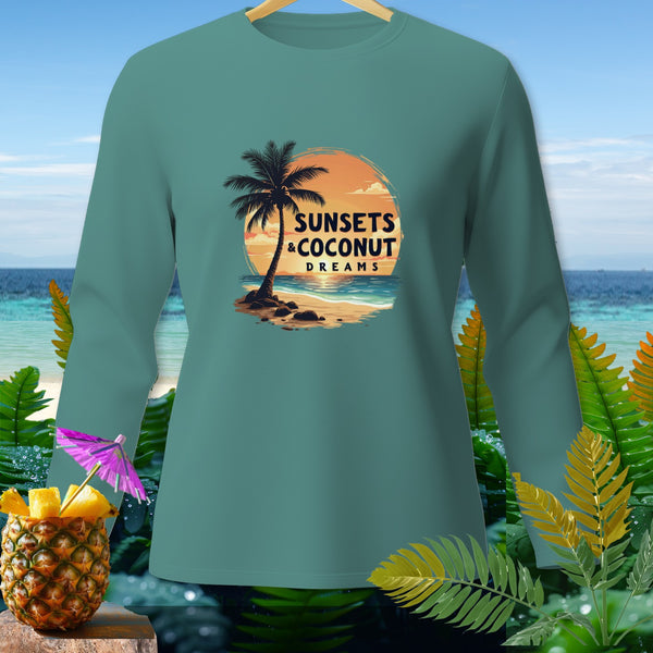 Teal long-sleeve shirt with "Sunsets & Coconut Dreams" tropical beach graphic.