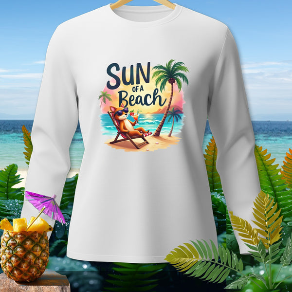 White sweatshirt with "SUN OF A BEACH" graphic featuring a fox on a beach chair.