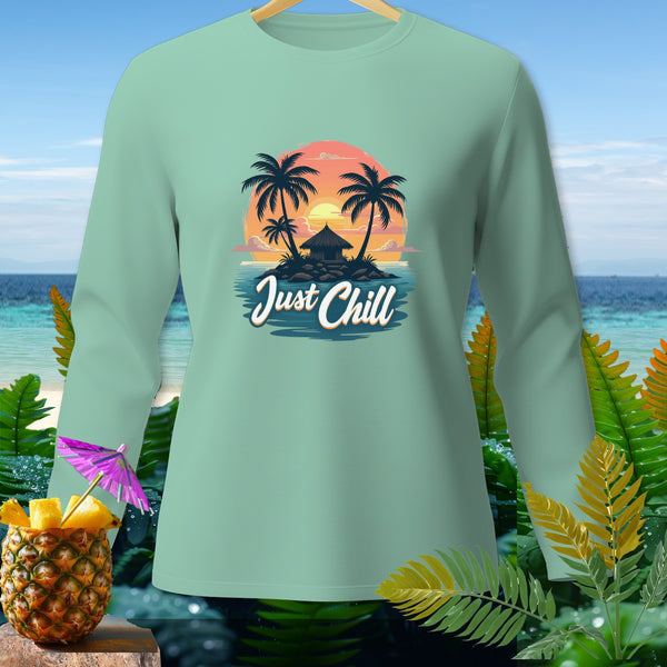 Long sleeve shirt with a tropical sunset graphic and "Just Chill" text.