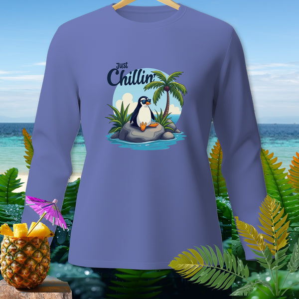Purple long-sleeve shirt with a penguin wearing sunglasses and "Just Chillin'" text.
