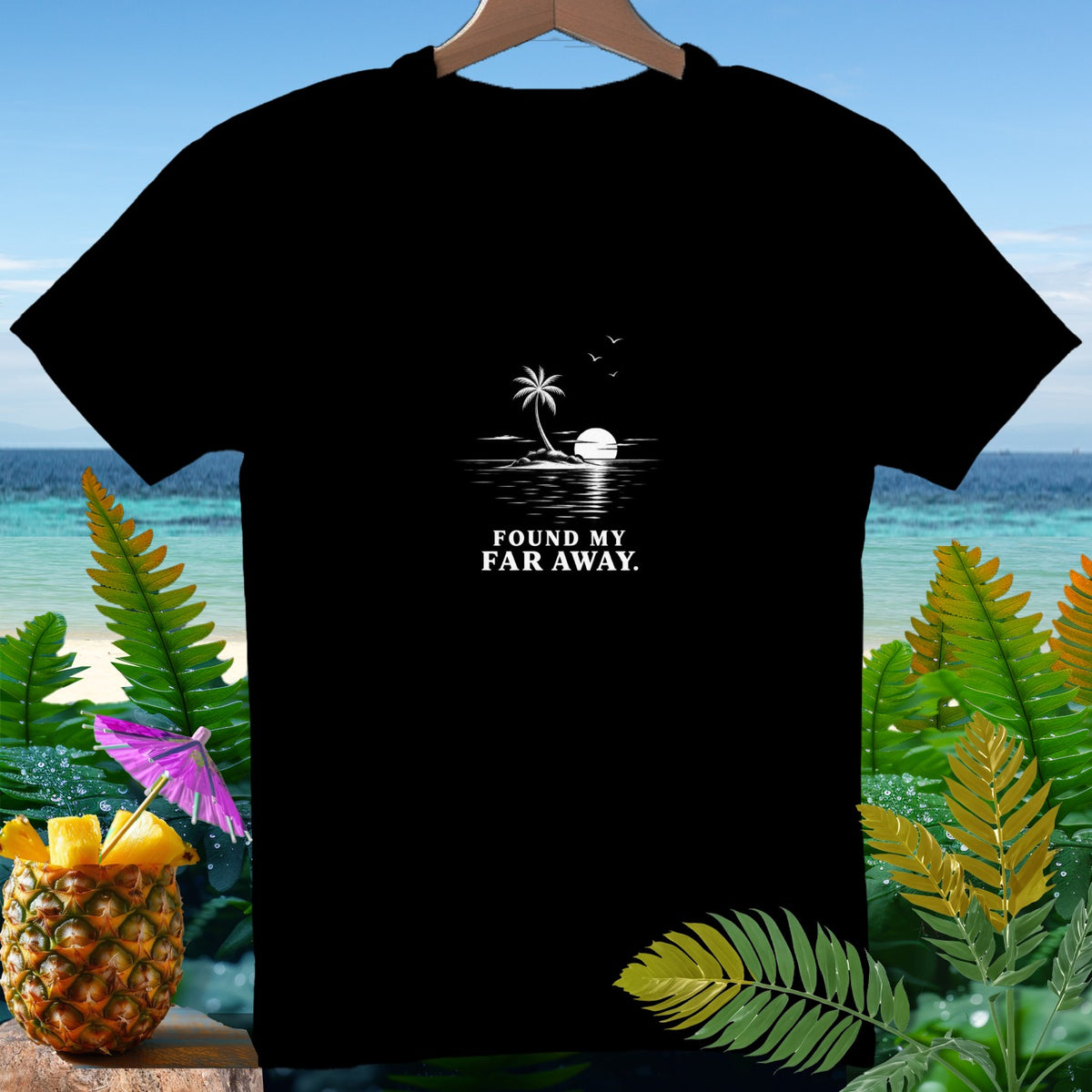 Black t-shirt with "FOUND MY FAR AWAY" text and beach sunset graphic.