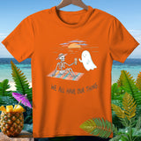 Skeleton with ghost and text 