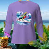 Purple long-sleeve shirt with a colorful parrot surfing on a wave graphic.