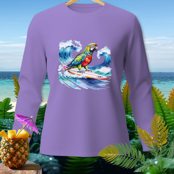 Purple long-sleeve shirt with a colorful parrot surfing on a wave graphic.