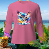 Pink long-sleeve shirt with watercolor owl flying over water graphic.