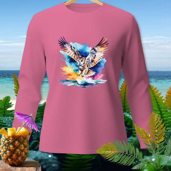 Pink long-sleeve shirt with watercolor owl flying over water graphic.