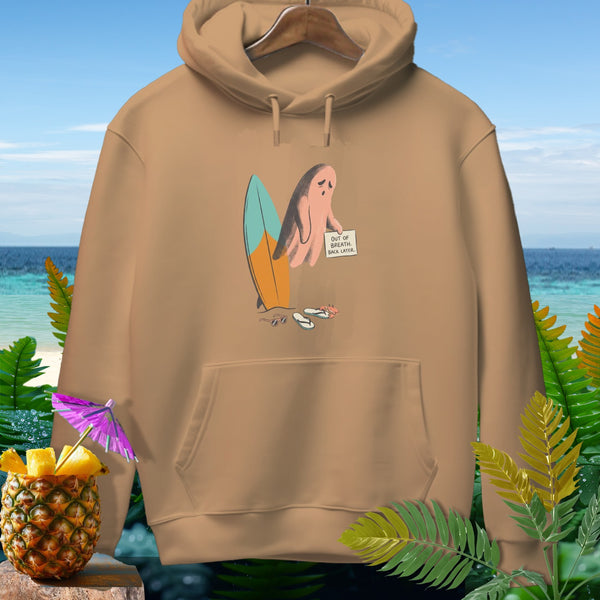 Tan hoodie with ghost, surfboard, flip flops, and text "Out of breath. Back later."